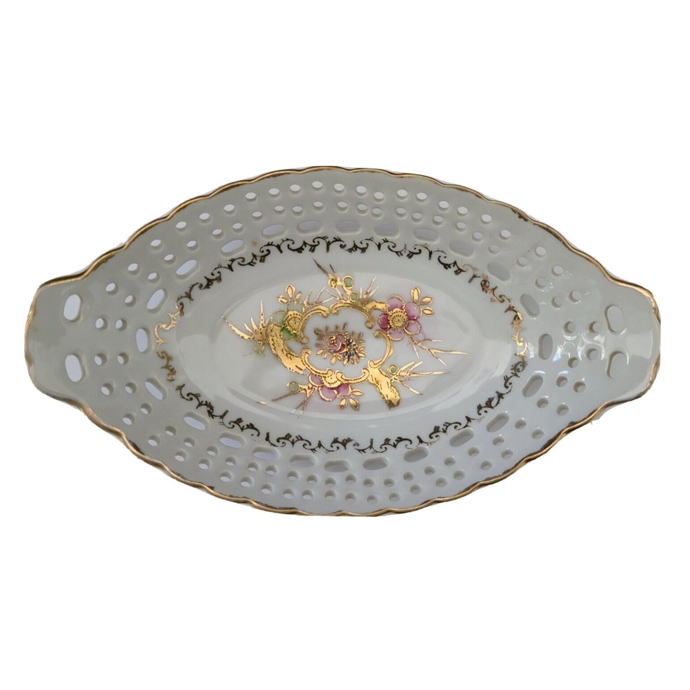 Vintage Made in Occupied Japan Porcelain Reticulated Candy Dish Bowl Gold Trim